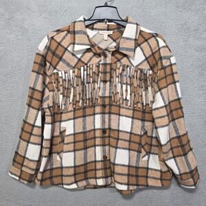 Plaid Flannel Jacket Womens 2X XXL Shacket Brown White Fringe Vintage Threads